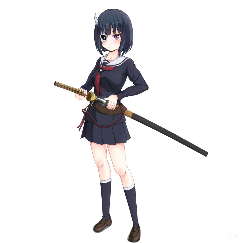 absurdres black_hair black_serafuku black_shirt black_skirt black_socks blush brown_footwear busou_shoujo_machiavellism commentary_request female full_body highres holding holding_sheath holding_sword holding_weapon kneehighs loafers long_sleeves looking_at_viewer mask miniskirt neckerchief onigawara_rin pleated_skirt purple_eyes red_neckerchief sailor_collar sainohikari school_uniform serafuku sheath shirt shoes short_hair simple_background skirt smile socks solo standing sword unsheathing weapon white_background white_sailor_collar