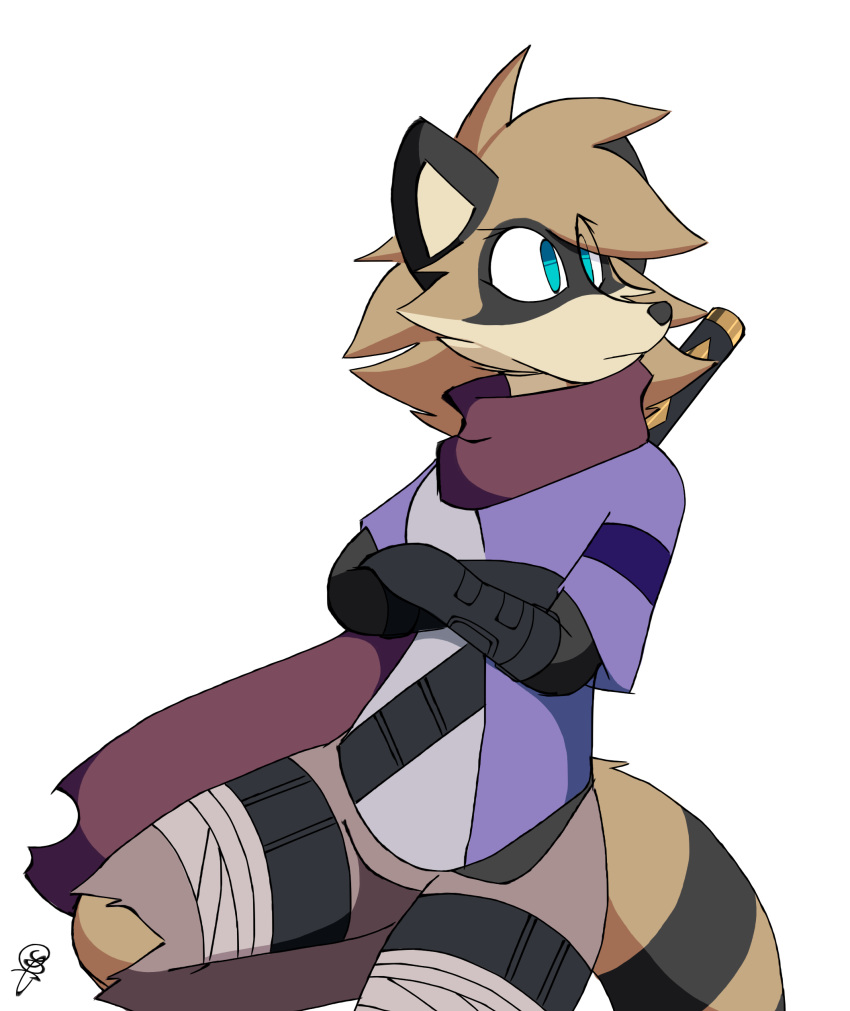 2018 absurd_res ambiguous_gender anthro artesderatzyu black_body black_fur blue_eyes bottomwear brown_body brown_fur clothed clothing crossed_arms digital_media_(artwork) facial_markings fully_clothed fur head_markings hi_res mammal markings maypul melee_weapon pants procyonid raccoon rivals_of_aether simple_background solo sword torn_bottomwear torn_clothing torn_pants weapon white_background