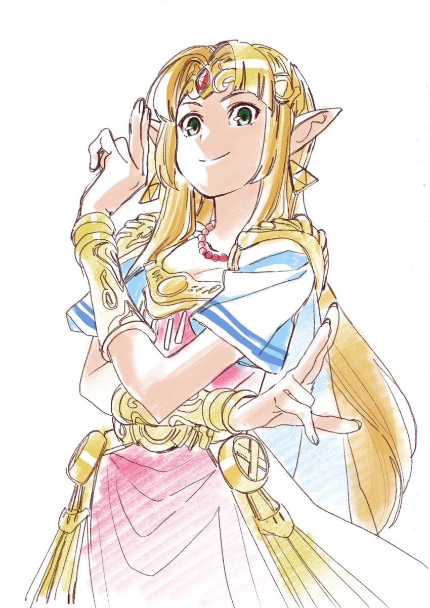 blonde_hair blue_eyes bracer circlet commentary_request dress earrings female forehead_jewel gown highres jewelry long_hair looking_at_viewer pointy_ears princess_zelda solo super_smash_bros. the_legend_of_zelda the_legend_of_zelda:_a_link_between_worlds tiara triforce tunic yamada_yuukei