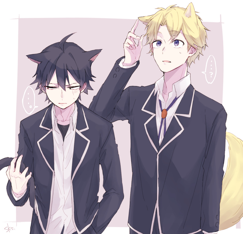 ... ...? 2boys ahoge animal_ears black_hair black_jacket blazer blonde_hair border brown_eyes cat_ears cat_tail collared_shirt commentary_request dog_boy dog_ears dog_tail hair_between_eyes hand_in_pocket hayama_hayato highres hikigaya_hachiman holding_own_tail jacket long_sleeves male_focus multiple_boys open_mouth outside_border purple_eyes sakuta_(sakutanomori) school_uniform shirt short_hair signature sobu_high_school_uniform speech_bubble sweatdrop tail undershirt upper_body white_border white_shirt yahari_ore_no_seishun_lovecome_wa_machigatteiru.