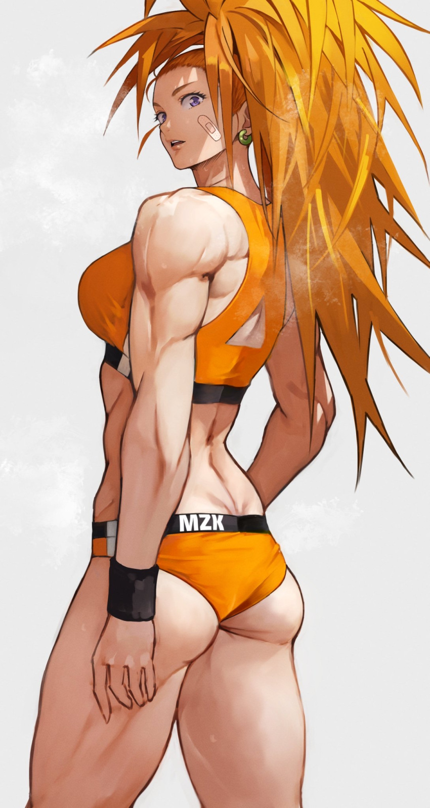 ass bad_id bad_pixiv_id bandaid bandaid_on_face big_hair breasts buruma captain_mizuki clothes_writing commentary earrings female from_behind grey_background highres jewelry long_hair looking_at_viewer looking_back median_furrow medium_breasts midriff muscular muscular_female one-punch_man open_mouth orange_hair ponytail purple_eyes simple_background solo standing teeth thighs yoshio_(55level)