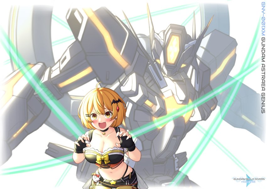 ahoge bat_hair_ornament belt black_belt black_choker black_gloves breasts character_name choker claw_pose cleavage collarbone crop_top crossover english_commentary female fingerless_gloves fusion gloves gundam gundam_00 gundam_astraea_type-x_finsternis gundam_build_divers gundam_build_divers_re:rise gundam_seed_c.e._73:_stargazer gundam_stargazer hair_ornament hairclip highres hololive laser leaning_forward logo_parody mecha midriff navel parody pinguinkotak robot science_fiction short_hair smile title_parody virtual_youtuber yellow_eyes yozora_mel