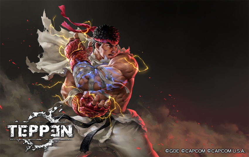 1boy baggy_pants bara bare_shoulders biceps boxing_gloves dougi english_commentary eyebrows_visible_through_headband feet_out_of_frame fighting_stance fingerless_gloves forked_eyebrows from_side gloves headband highres jeremy_chong lightning male_focus mature_male muscular muscular_male official_art pants ryu_(street_fighter) shirt short_hair solo street_fighter teppen thick_eyebrows thick_thighs thighs torn_clothes torn_pants torn_shirt white_pants wind