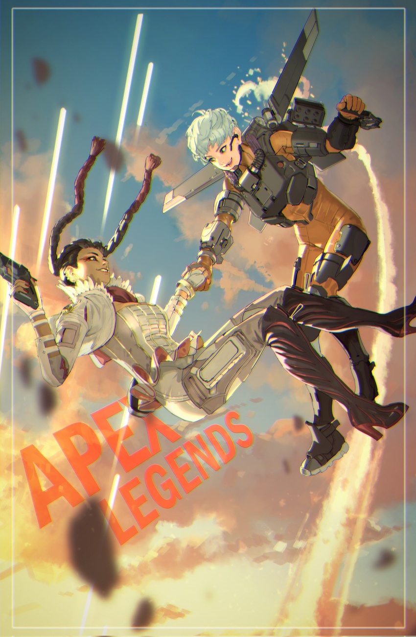 2girls animification apex_legends b3_wingman bad_id bad_twitter_id bodysuit braid breasts brown_eyes brown_hair cloud copyright_name corrupted_twitter_file corset cropped_jacket dark-skinned_female dark_skin eyeshadow floating_hair flying grey_hair gun handgun highres holding holding_gun holding_hands holding_weapon jacket jetpack loba_(apex_legends) long_hair makeup medium_breasts missile_pod multiple_girls orange_bodysuit pants passimo red_eyeshadow red_hair revolver short_hair sky smile twin_braids valkyrie_(apex_legends) weapon white_jacket white_pants yuri