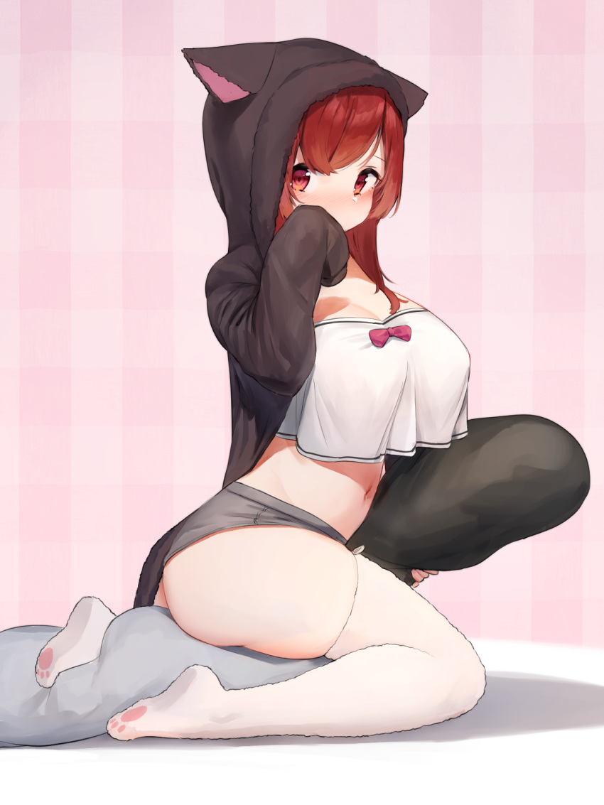 animal_ears animal_hood ass azur_lane bad_id bad_pixiv_id blush breasts cat_ears cat_girl cat_tail chinese_commentary cleavage clip_studio_paint_(medium) commentary crop_top crop_top_overhang eyebrows_hidden_by_hair fake_animal_ears female full_body grey_shorts groin hand_up highres holding holding_pillow hood hood_up hooded_jacket i-19_(azur_lane) i-19_(pillowy_paradise)_(azur_lane) jacket large_breasts long_hair long_sleeves looking_at_viewer loungewear midriff navel nose_blush official_alternate_costume open_clothes open_jacket paw_print paw_print_soles pillow pink_background plaid plaid_background red_eyes red_hair seiza shadow shirt short_shorts shorts sidelocks sitting skindentation sleeves_past_fingers sleeves_past_wrists solo tail thighhighs torpedo twisted_torso white_shirt white_thighhighs yashemao_qishi