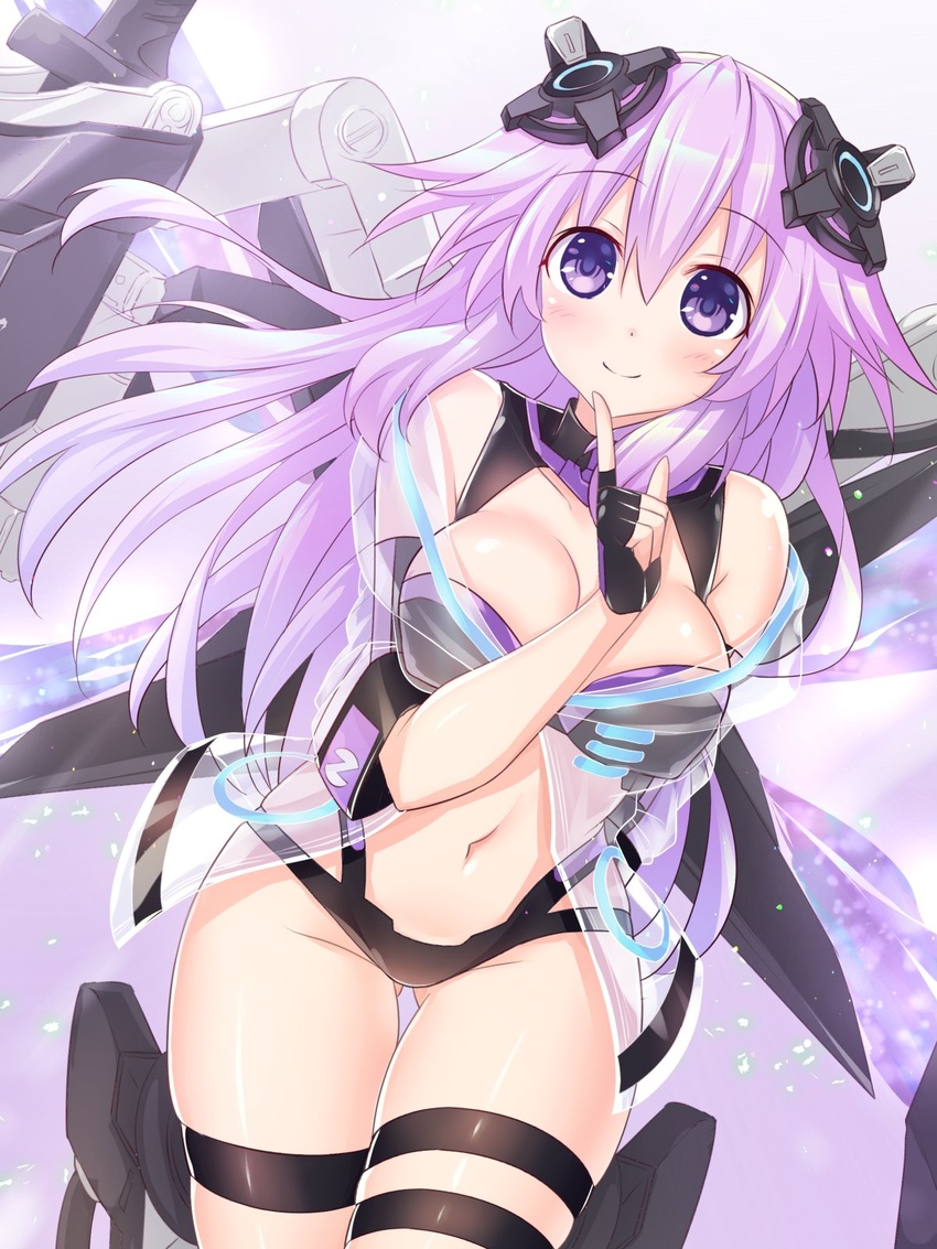 adult_neptune ass_visible_through_thighs bare_shoulders black_gloves blush breasts cleavage closed_mouth female fingerless_gloves gloves hand_up headgear highres kazuneko_(wktk1024) large_breasts long_hair looking_at_viewer navel neptune_(series) purple_eyes purple_hair see-through skindentation smile solo thigh_strap thighs wings