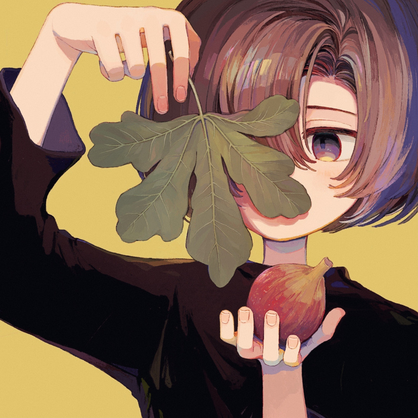 1other androgynous black_shirt brown_hair fig fig_leaf fingernails food fruit hair_over_one_eye hand_up highres holding holding_food holding_fruit holding_leaf ka_(marukogedago) leaf long_sleeves one_eye_covered original purple_eyes shirt short_hair simple_background solo upper_body yellow_background