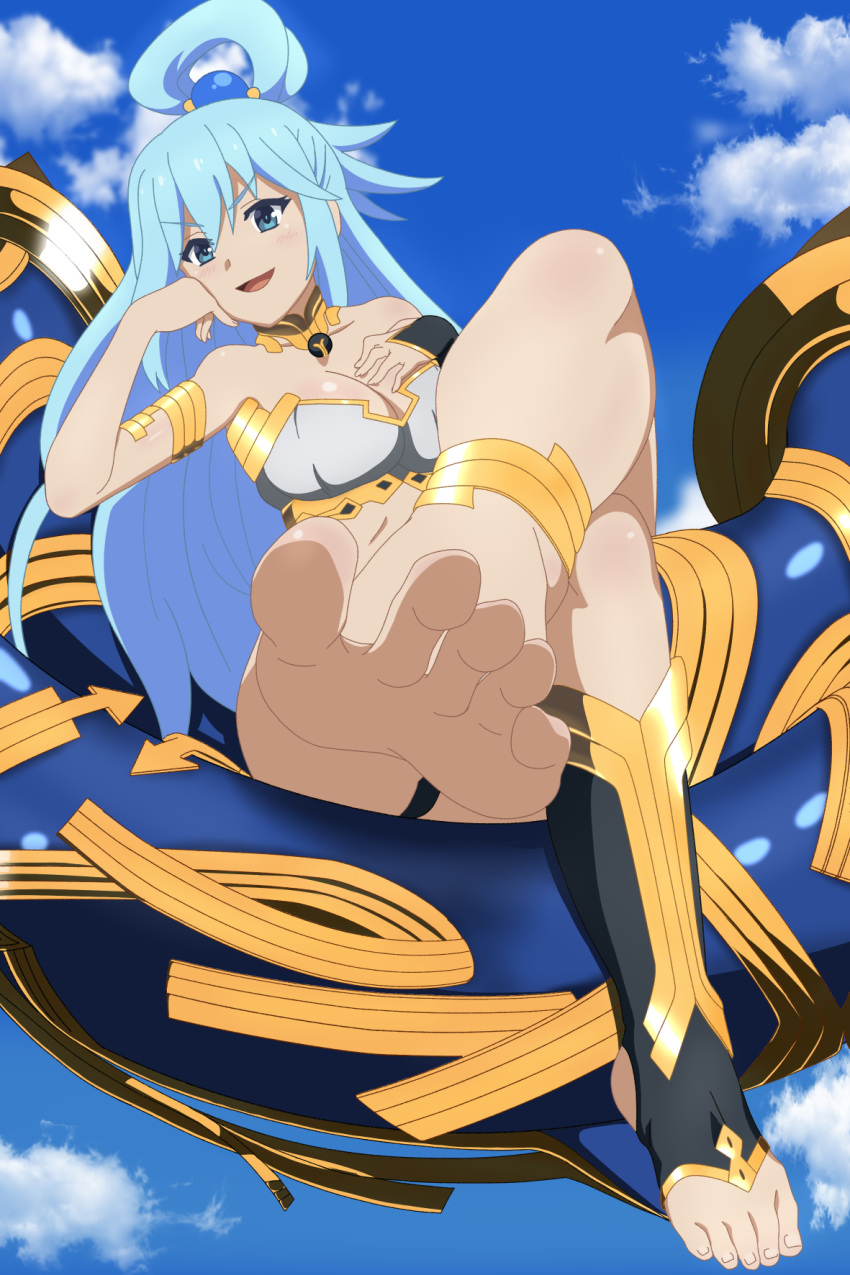 aqua_(konosuba) bare_legs barefoot blue_eyes blue_hair breasts clip_studio_paint_(medium) cosplay fate/grand_order fate_(series) feet female foot_focus hair_ornament hair_rings highres ishtar_(fate) ishtar_(fate)_(cosplay) kono_subarashii_sekai_ni_shukufuku_wo! legs long_hair looking_at_viewer no_shoes sitting soles spread_legs spread_toes toeless_legwear toenails toes trait_connection zorzero