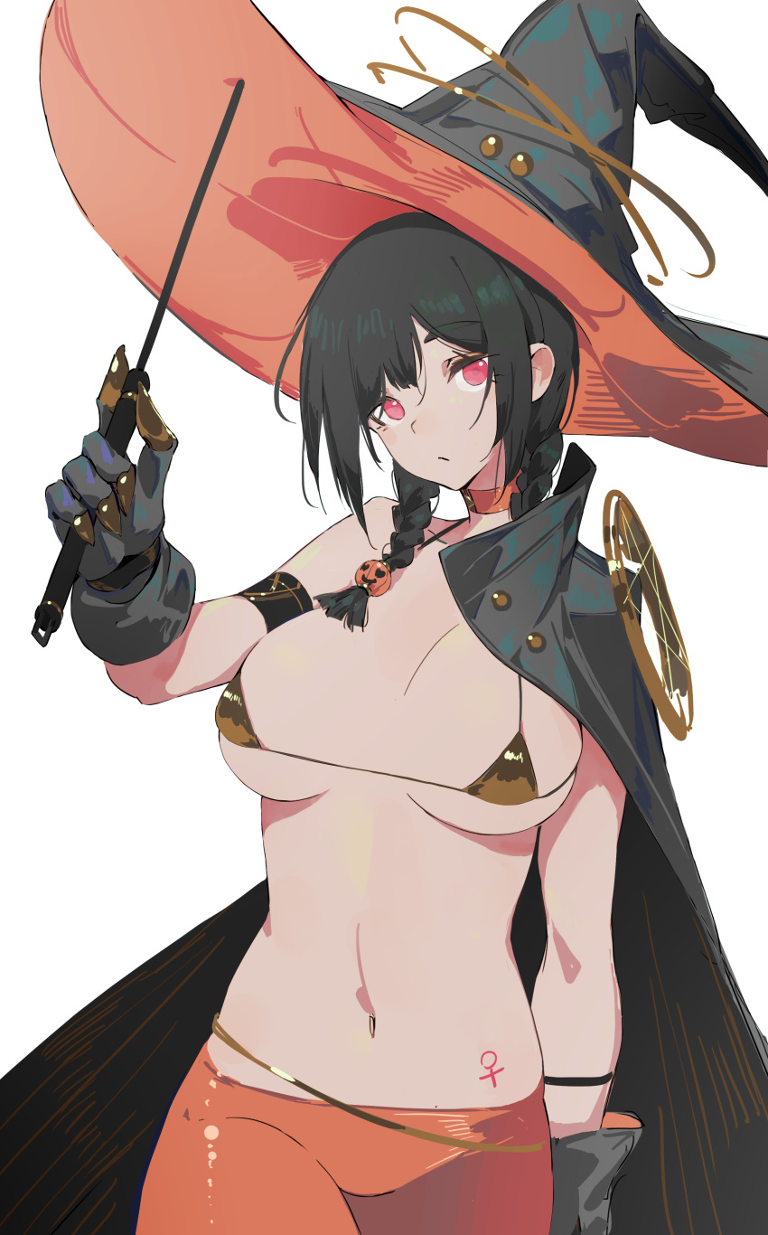 absurdres bad_id bad_pixiv_id bikini black_gloves black_hair braid breasts cape choker cleavage commentary female gloves hat highres holding holding_wand huang_(volt0526) long_hair looking_at_viewer navel original pink_eyes simple_background solo swimsuit twin_braids wand white_background witch witch_hat