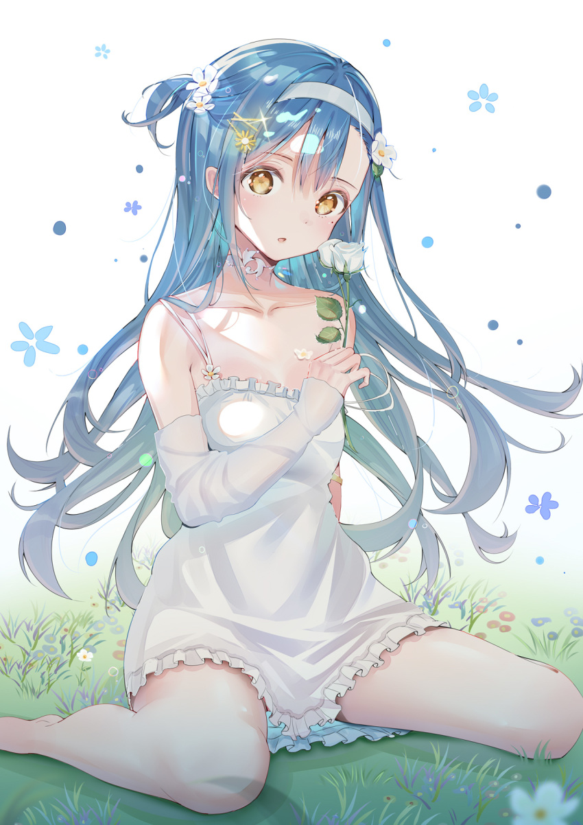 blue_hair bokutachi_wa_benkyou_ga_dekinai chinese_commentary collarbone commentary detached_sleeves dress female flower furuhashi_fumino grass hair_between_eyes hair_flower hair_ornament hairband hairclip highres holding holding_flower long_hair looking_at_viewer mole mole_under_eye painttool_sai_(medium) simple_background sitting solo sr._l wariza yellow_eyes