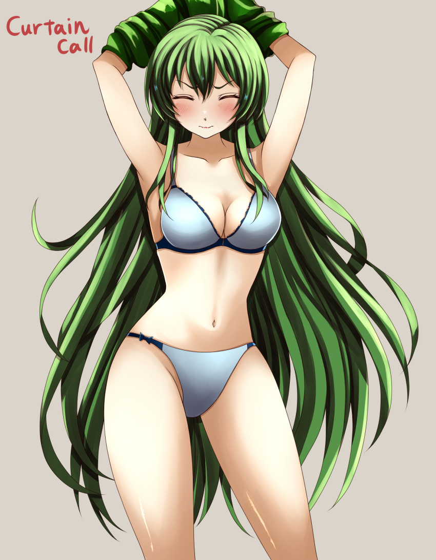 arms_up bare_legs bare_shoulders blush bra breasts cleavage closed_eyes clothes_lift commission erinys_(fire_emblem) female fire_emblem fire_emblem:_genealogy_of_the_holy_war fire_emblem_heroes green_hair green_shirt highres lifting_own_clothes long_hair medium_breasts navel panties pixiv_commission shirt shirt_lift solo underwear underwear_only undressing very_long_hair white_bra white_panties yozu_(yozu0420)