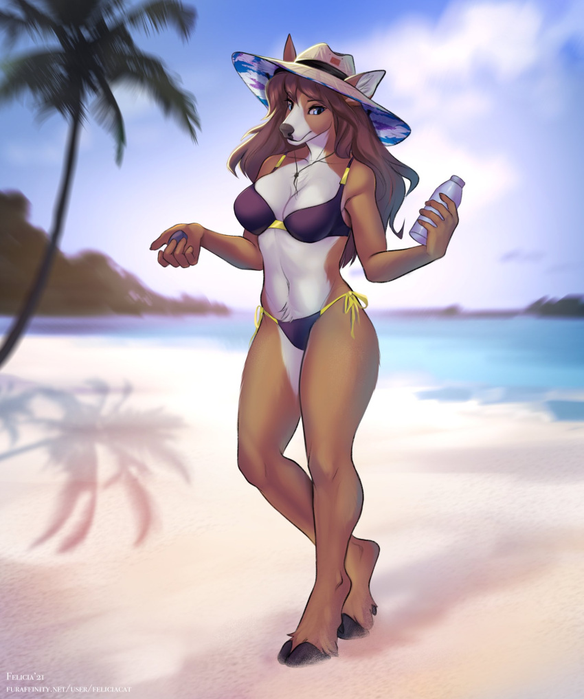 2021 5_fingers anthro beach bikini blue_eyes breasts brown_hair clothed clothing day deer detailed_background digital_media_(artwork) felicia_cat female fingers gray_meadows hair hi_res hooves mammal outside sand seaside shoreline sky solo swimwear water