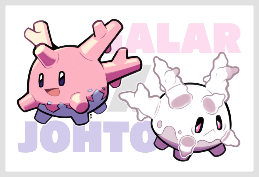 :< :d artsy-rc corsola galarian_corsola grey_background highres no_humans open_mouth pokemon pokemon_(creature) signature smile