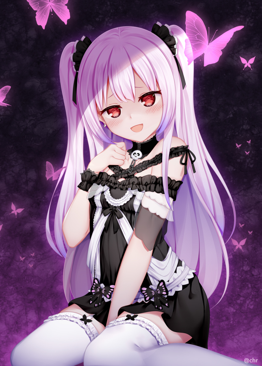 :d animal bare_shoulders between_legs black_collar black_dress black_ribbon blush breasts bug butterfly chains chrisandita collar commentary dress earrings female frilled_thighhighs frills hair_ribbon hand_between_legs hand_up highres hololive jewelry long_hair looking_at_viewer official_alternate_costume open_mouth pink_hair red_eyes ribbon see-through shaded_face short_dress sitting skull skull_earrings small_breasts smile solo thighhighs twitter_username two_side_up uruha_rushia uruha_rushia_(3rd_costume) virtual_youtuber wariza white_thighhighs