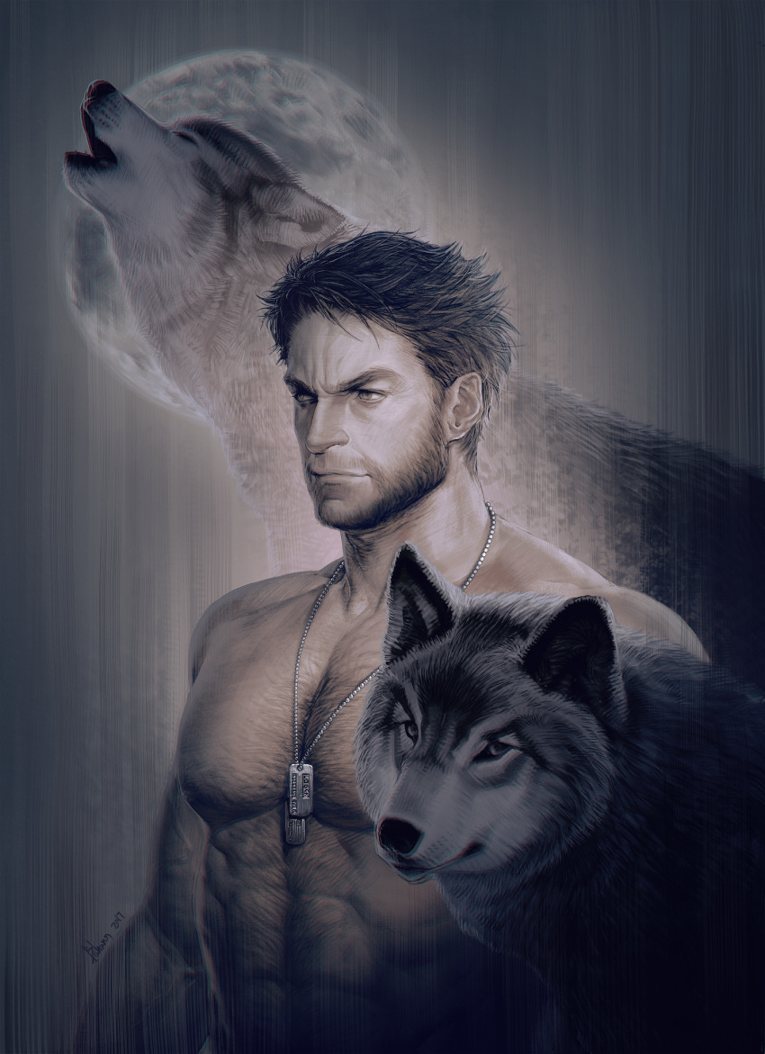 1boy abs baharu bara bare_pectorals beard chest_hair dog_tags facial_hair full_moon hadanugi_dousa highres howling hugh_jackman large_pectorals looking_to_the_side male_focus marvel mature_male moon muscular muscular_male navel_hair nipples pectorals real_life realistic short_hair solo stomach upper_body wolf wolverine_(x-men) x-men