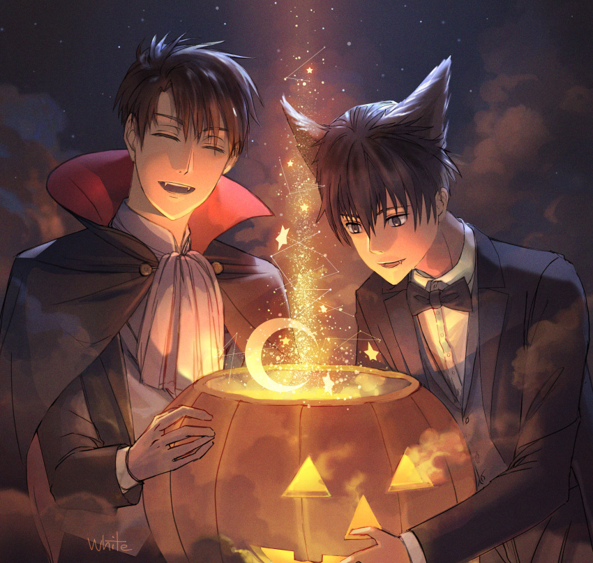 2boys animal_ears artist_name ascot black_bow black_bowtie black_cape black_hair black_suit bow bowtie brown_hair cape cat_ears closed_eyes crescent fangs formal haiji_kiyose halloween_costume highres jack-o'-lantern kaze_ga_tsuyoku_fuiteiru kurahara_kakeru male_focus multiple_boys night night_sky outdoors sky star_(symbol) suit vampire_costume white50080909 white_ascot