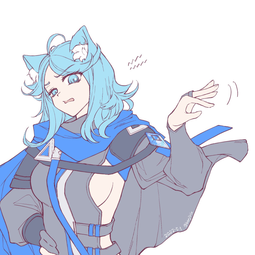 ahoge animal_ear_fluff animal_ears arknights belt black_cape black_gloves blue_eyes blue_hair blue_scarf bonjirix breasts cape cat_ears dated female gloves hand_on_own_hip highres large_breasts long_hair midriff_peek monique_(arknights) motion_lines open_mouth parted_bangs partially_fingerless_gloves scarf sideboob simple_background solo twitter_username upper_body v-shaped_eyebrows white_background