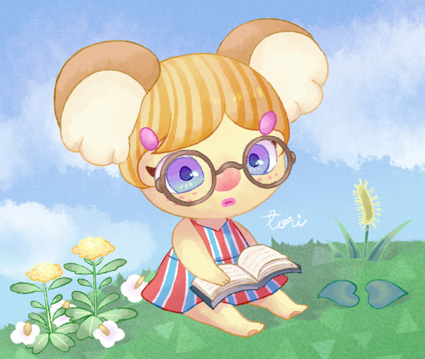 alice_(animal_crossing) animal_crossing animal_ears artist_name blonde_hair blue_eyes book cloud female flower freckles furry furry_female glasses grass hair_ornament hairclip koala koala_girl mata outdoors sitting sky solo