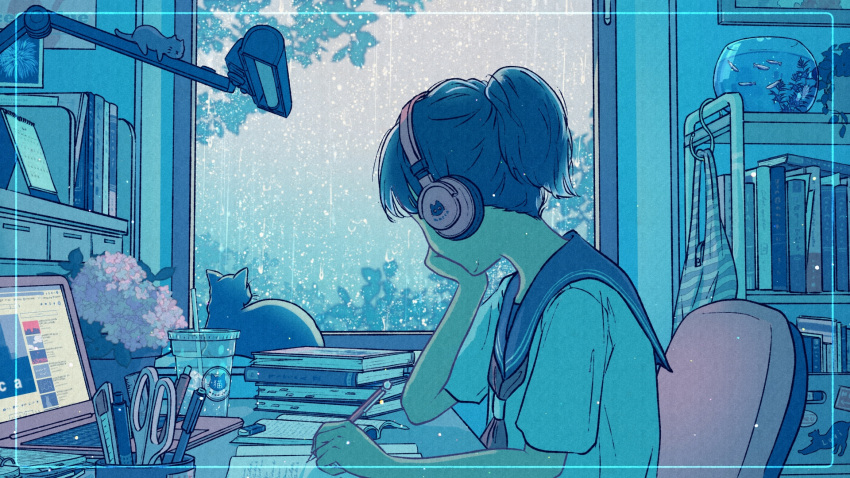 aqua_theme bag black_cat blue_sailor_collar book bookshelf border chair commentary computer cup desk desk_lamp facing_away feline female fish fishbowl flower from_side hand_on_own_chin hand_up headphones highres holding holding_pencil hydrangea indoors lamp laptop left-handed lofi_girl lofi_girl_(youtube) neckerchief open_book pen pencil pink_flower plant ponytail potted_plant rain red_neckerchief sailor_collar school_uniform scissors serafuku shirt short_hair short_ponytail short_sleeves sitting sky solo studying upper_body wacca005 water_drop white_shirt window writing