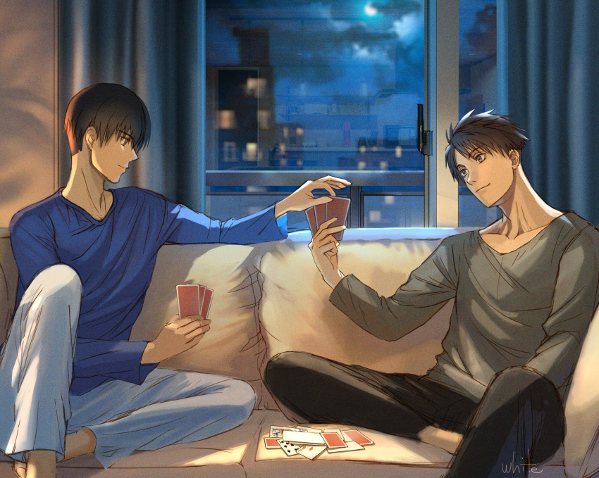 2boys artist_name black_pants blue_shirt brown_hair card couch curtains grey_shirt haiji_kiyose highres indoors kaze_ga_tsuyoku_fuiteiru knee_up kurahara_kakeru long_sleeves male_focus multiple_boys old_maid on_couch pants playing_card playing_games queen_(playing_card) queen_of_clubs seven_of_spades shirt short_hair sitting three_of_diamonds white50080909 white_pants window