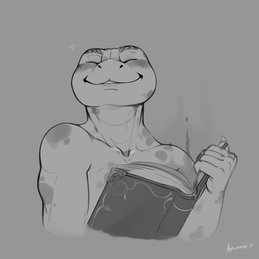 1:1 2019 5_fingers absurd_res ambiguous_gender anthro book bust_portrait closed_eyes eyebrows fingers greyscale heart_symbol hi_res lizard monochrome portrait reptile repzzmonster scalie signature simple_background smile solo