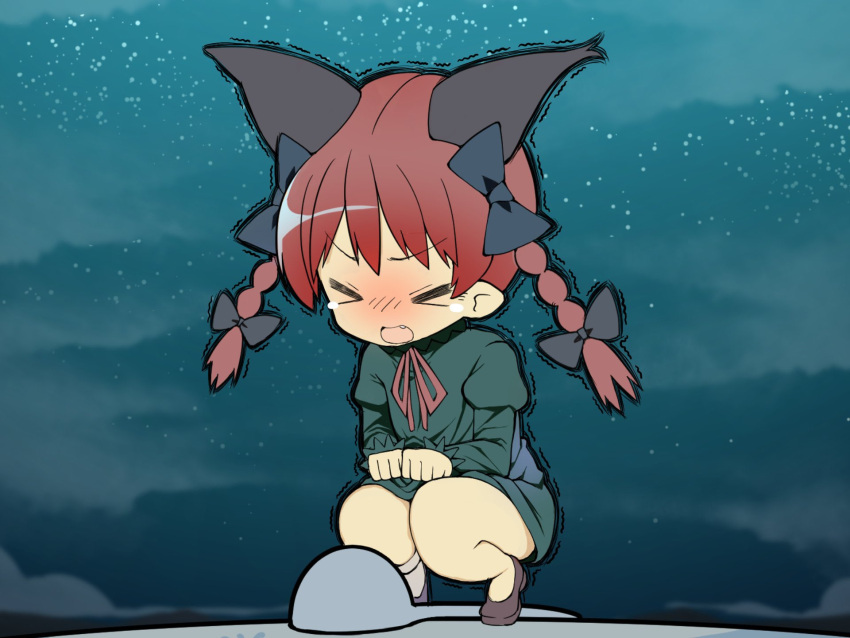 >_< animal_ears bare_legs blush braid cat_ears chibi closed_eyes cloud constipation female full-face_blush highres kaenbyou_rin light_particles moonlight night night_sky red_hair sky solo squat_toilet squatting touhou trembling twin_braids zuttokodomo