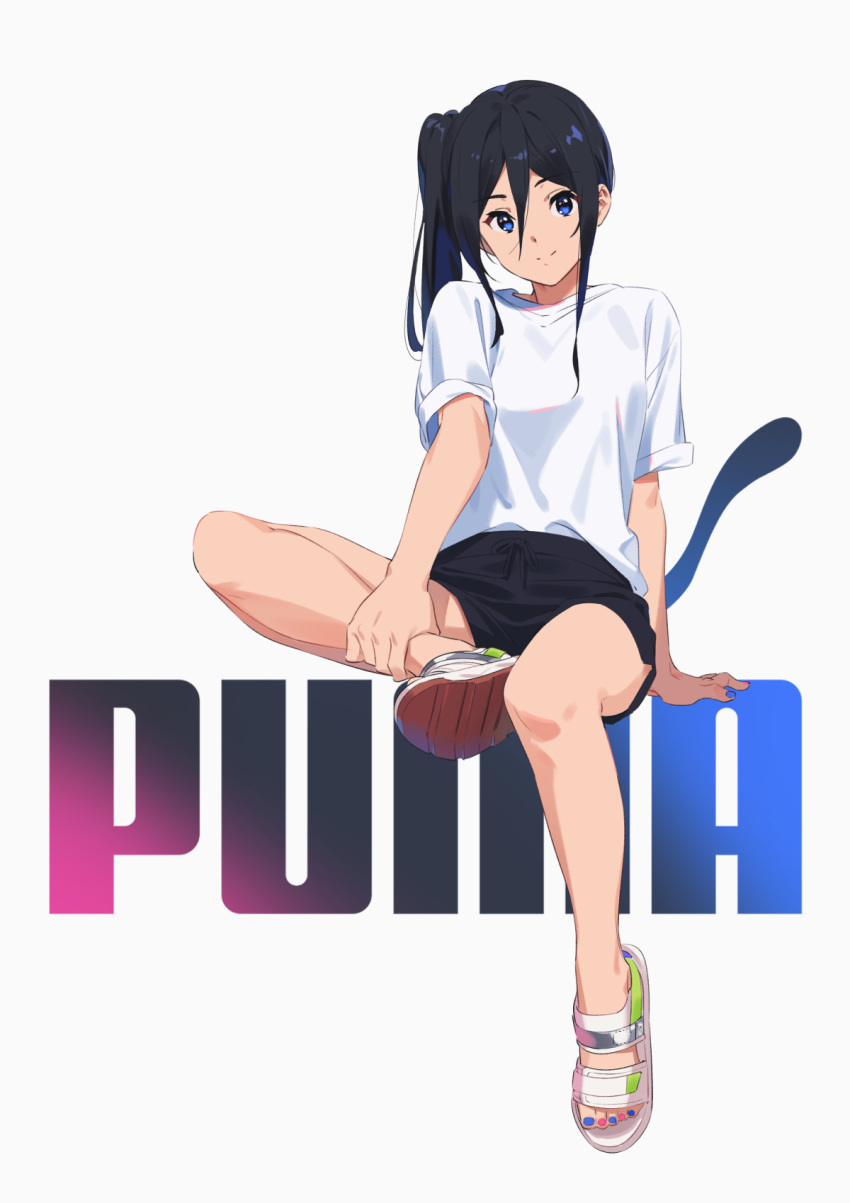 alternate_hairstyle bad_id bad_twitter_id black_hair black_shorts blue_eyes casual commentary female full_body hair_between_eyes hibike!_euphonium highres invisible_chair kamo_kamen long_hair looking_at_viewer nail_polish no_eyewear puma_(brand) shirt shorts side_ponytail sitting solo symbol-only_commentary tanaka_asuka toeless_footwear toenail_polish toenails white_shirt