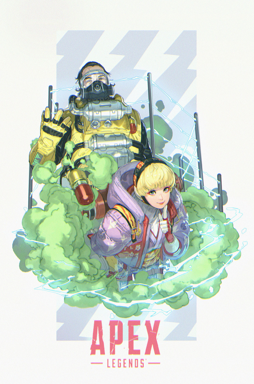 1boy animification apex_legends bad_id bad_twitter_id caustic_(apex_legends) copyright_name electricity eyeshadow female gas_mask gloves goggles highres hood hooded_jacket jacket japanese_clothes kimono logo looking_at_viewer makeup mask obi official_alternate_costume passimo pointing purple_crane_wattson purple_jacket purple_kimono red_eyeshadow red_gloves sash smile smoke wattson_(apex_legends)