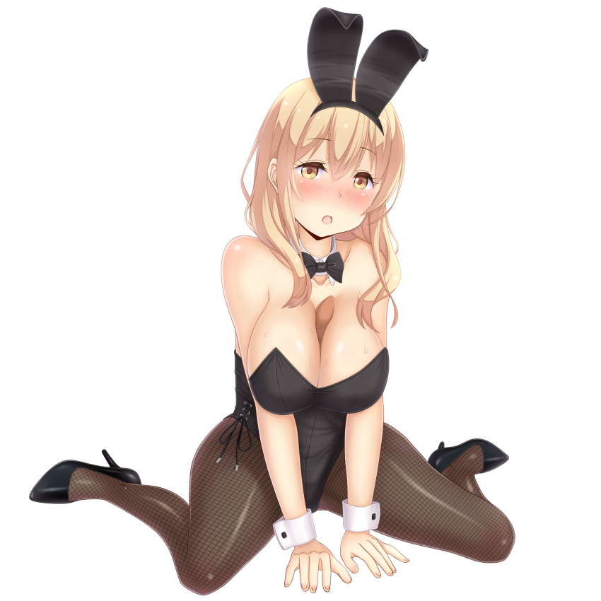 absurdres animal_ears between_breasts black_bow black_bowtie black_leotard black_pantyhose blonde_hair bow bowtie breasts commentary_request detached_collar fake_animal_ears female fishnet_pantyhose fishnets highres large_breasts leotard long_hair looking_at_viewer pantyhose playboy_bunny rabbit_ears sainohikari sexually_suggestive simple_background sitting solo sunohara_ayaka sunoharasou_no_kanrinin-san wariza white_background wrist_cuffs