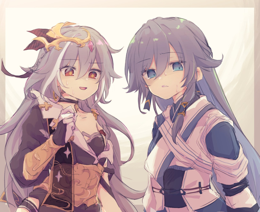 2girls black_jacket blue_eyes blue_jacket breasts bridal_gauntlets collarbone commentary_request fu_hua fu_hua_(azure_empyrea) fu_hua_(herrscher_of_sentience) fu_hua_(taixuan_impression) grey_hair hair_between_eyes hand_up highres honkai_(series) honkai_impact_3rd jacket konoquro long_hair multicolored_hair multiple_girls parted_lips red_eyes small_breasts smile streaked_hair very_long_hair white_hair