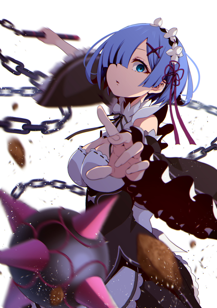 apron ball_and_chain_(weapon) black_ribbon black_skirt black_sleeves blue_eyes blue_hair breasts cleavage detached_collar detached_sleeves female flower frilled_sleeves frills hair_flower hair_ornament hair_over_one_eye hair_ribbon head_wreath highres holding holding_weapon long_sleeves looking_at_viewer maid medium_breasts motion_blur neck_ribbon open_mouth purple_ribbon re:zero_kara_hajimeru_isekai_seikatsu rem_(re:zero) ribbon roswaal_mansion_maid_uniform short_hair skirt solo spiked_ball_and_chain waist_apron weapon white_apron white_background white_flower wide_sleeves x_hair_ornament yasehattagi