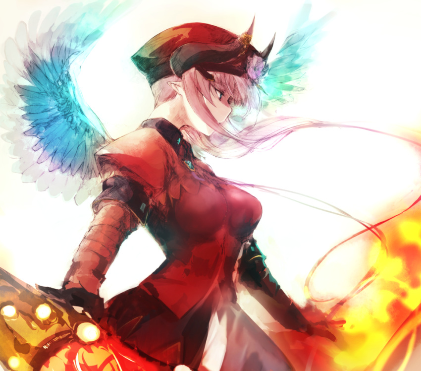 bad_id bad_pixiv_id breasts clip_studio_paint_(medium) female horns la_hawzel large_breasts long_hair pink_hair profile rance_(series) red_headwear red_shirt shado_ne shirt simple_background solo white_background wings