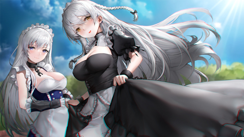 2girls apron azur_lane belfast_(azur_lane) black_dress braid breasts broken broken_chain chains cleavage cleavage_cutout clothing_cutout collar dress dutch_angle french_braid gloves haori_io hermione_(azur_lane) highres large_breasts long_hair maid_apron maid_headdress metal_collar multiple_girls outdoors puffy_short_sleeves puffy_sleeves purple_dress purple_eyes short_sleeves skirt_hold sleeveless sleeveless_dress waist_apron white_apron white_gloves white_hair yellow_eyes