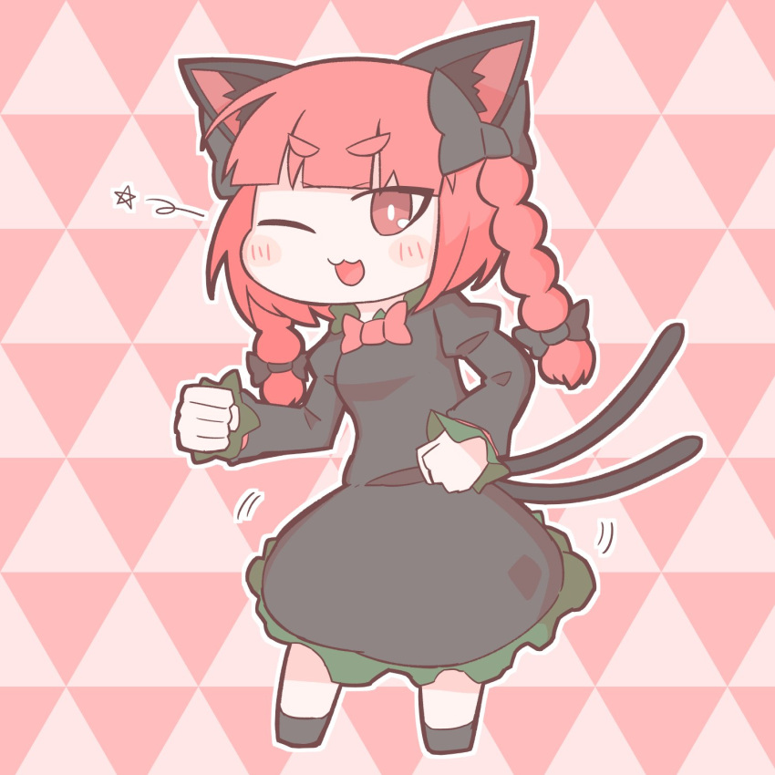 ;3 ;d animal_ears blush bow braid cat_ears cat_tail chibi commentary dancing dress female full_body hairbow highres hopeless_masquerade kaenbyou_rin long_hair long_sleeves multiple_tails nekomata oerba_yun_fang one_eye_closed open_mouth pink_background red_eyes red_hair simple_background smile solo tail touhou twin_braids zenerat