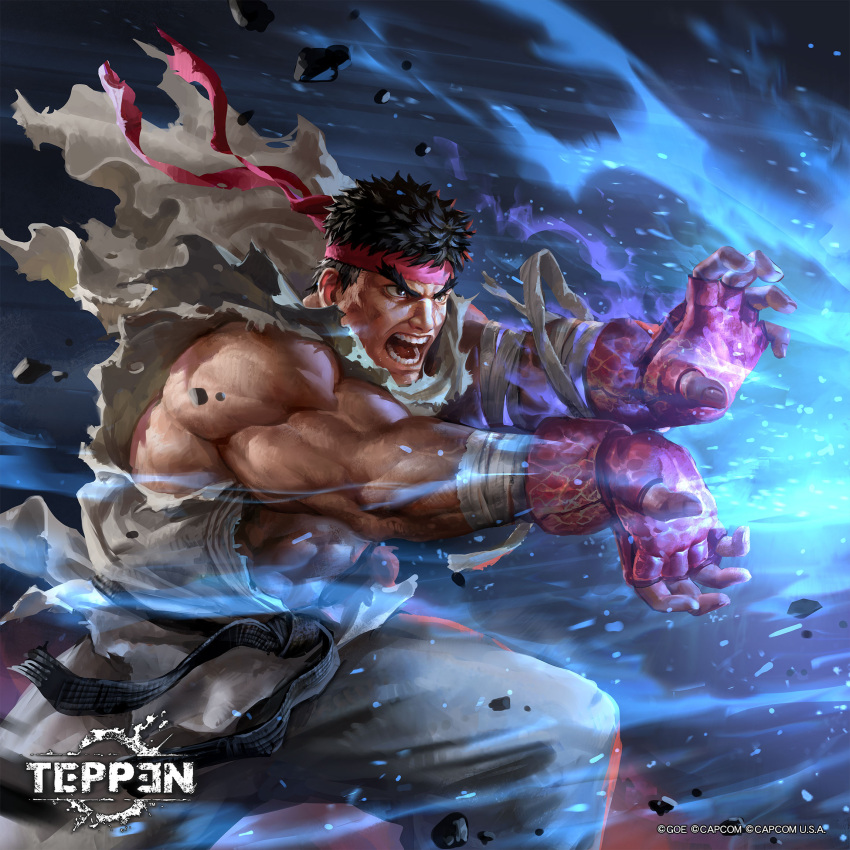 1boy abs aura baggy_pants bara bare_shoulders biceps boxing_gloves debris dougi english_commentary eyebrows_visible_through_headband feet_out_of_frame fighting_stance fingerless_gloves forked_eyebrows frown gloves glowing hadouken headband highres jeremy_chong large_pectorals male_focus mature_male muscular muscular_male official_art open_hands open_mouth pants pectorals red_gloves ryu_(street_fighter) shirt short_hair solo stomach street_fighter teppen thick_eyebrows torn_clothes torn_shirt white_pants wind