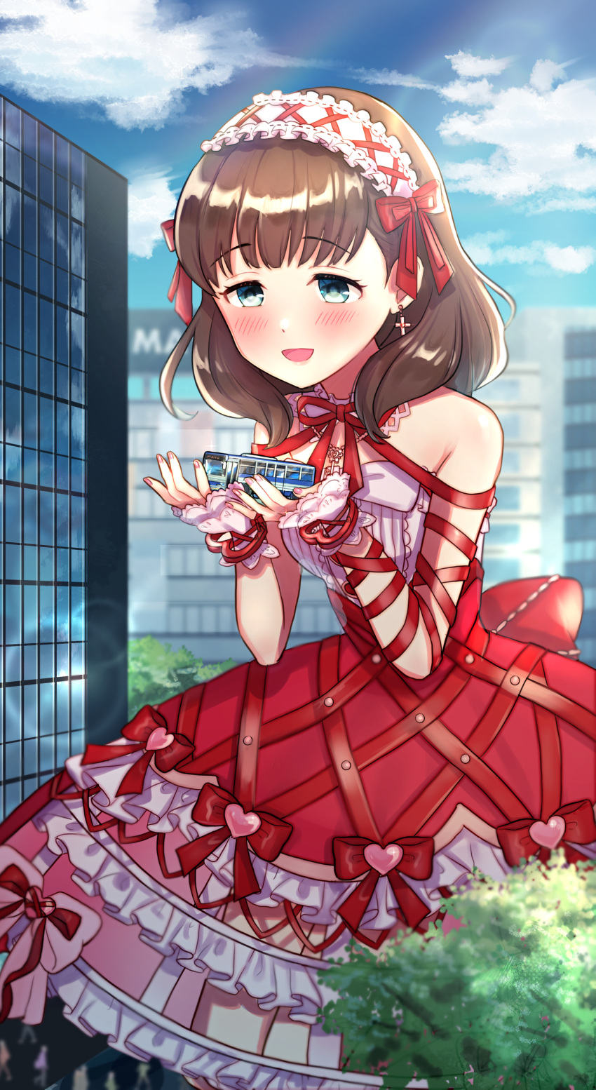 absurdres bare_shoulders blue_sky blush brown_hair building bus city cloud dress earrings female giant giantess green_eyes highres idolmaster idolmaster_cinderella_girls jewelry motor_vehicle open_mouth outdoors red_dress red_ribbon ribbon sakuma_mayu short_hair sky smile solo tori_ririisu tree wrist_cuffs