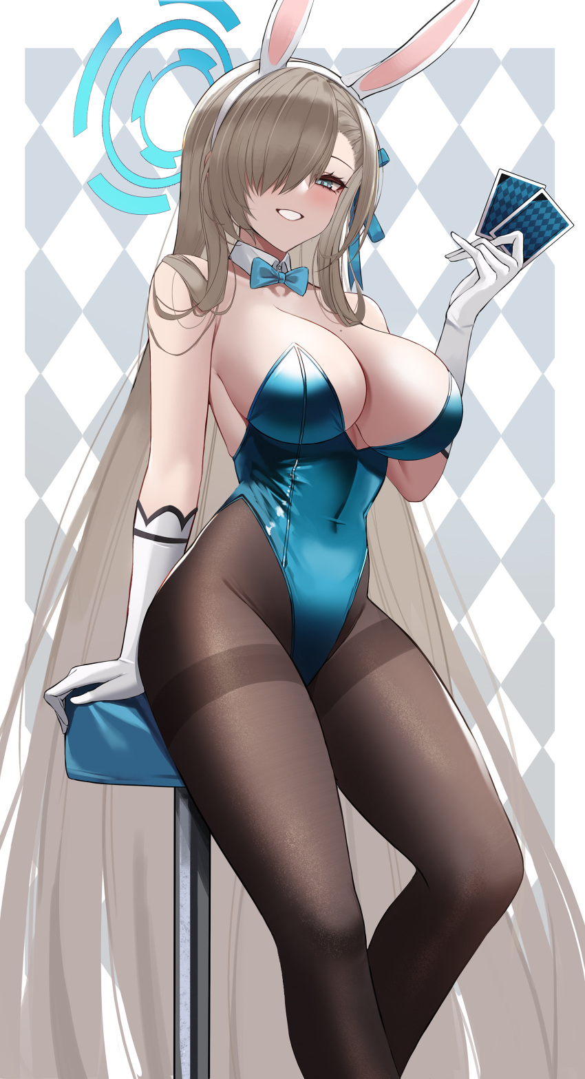 absurdres animal_ears asuna_(blue_archive) asuna_(bunny)_(blue_archive) blue_archive blue_bow blue_bowtie blue_eyes blue_leotard blue_ribbon blush bow bowtie breasts brown_pantyhose card commentary covered_navel detached_collar eternity_(shadeh) fake_animal_ears feet_out_of_frame female gloves grin hair_over_one_eye hair_ribbon hairband halo hand_up highres holding holding_card large_breasts leotard light_brown_hair long_hair looking_at_viewer mole mole_on_breast official_alternate_costume one_eye_covered pantyhose playboy_bunny rabbit_ears ribbon sitting smile solo stool strapless strapless_leotard thighband_pantyhose very_long_hair white_gloves white_hairband