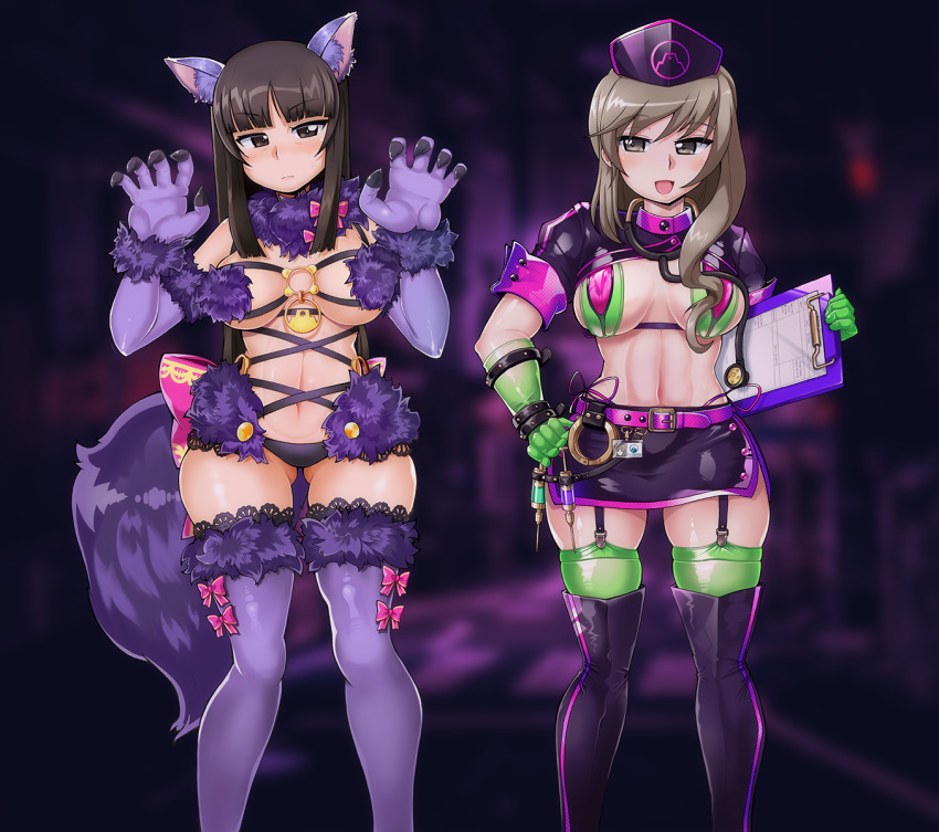 2girls abs animal_ears animal_hands back_bow belt bikini black_eyes black_footwear black_hair black_headwear black_skirt blunt_bangs blush bol_factory boots bow bow_legwear breasts brown_eyes brown_hair claw_pose claws clipboard closed_mouth commentary cosplay cuffs elbow_gloves fate/grand_order fate_(series) florence_nightingale_(fate) florence_nightingale_(fate)_(cosplay) florence_nightingale_(trick_or_treatment)_(fate) florence_nightingale_(trick_or_treatment)_(fate)_(cosplay) frown fur-trimmed_gloves fur-trimmed_legwear fur-trimmed_thighhighs fur_bikini fur_collar fur_trim garter_straps girls_und_panzer gloves green_bikini green_gloves green_thighhighs hair_over_shoulder half-closed_eyes halloween halloween_costume hand_on_own_hip handcuffs hat highres holding holding_clipboard lace-trimmed_legwear lace-trimmed_thighhighs lace_trim large_breasts layered_bikini long_hair looking_at_viewer lowleg lowleg_bikini mash_kyrielight mash_kyrielight_(dangerous_beast) mash_kyrielight_(dangerous_beast)_(cosplay) mature_female microskirt midriff miniskirt multiple_girls navel nishizumi_shiho nurse_cap o-ring o-ring_top paw_gloves pink_belt pink_bow purple_belt purple_bikini purple_gloves purple_tail purple_thighhighs revealing_clothes rubber_gloves shimada_chiyo short_sleeves shrug_(clothing) side-by-side side-tie_bikini_bottom skindentation skirt smile standing straight_hair string_bikini swimsuit syringe tail thigh_boots thighhighs thighhighs_under_boots wolf_ears wolf_girl wolf_tail