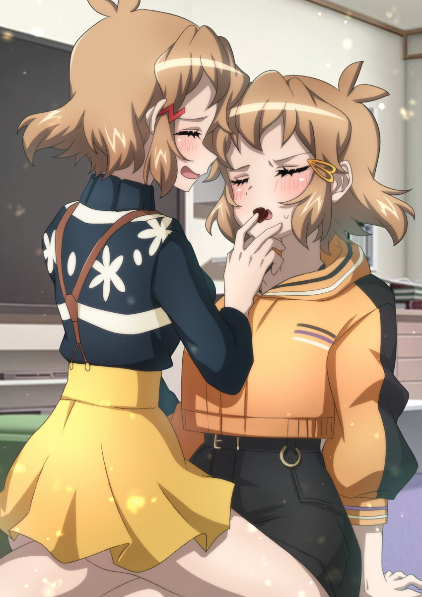 2girls blush breasts brown_hair candy chocolate closed_eyes collarbone commentary_request dual_persona feeding food hair_ornament hairclip heart heart-shaped_chocolate highres indoors jacket large_breasts miniskirt multiple_girls open_mouth selfcest senki_zesshou_symphogear senki_zesshou_symphogear_xd_unlimited shiny_skin short_hair sitting sitting_on_lap sitting_on_person skirt smile sweater tachibana_hibiki_(symphogear) tachibana_hibiki_(symphogear)_(another) track_jacket yellow_skirt yukitsuba_hina yuri