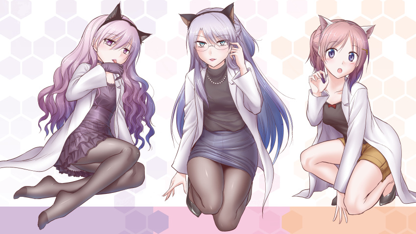 3girls absurdres adjusting_eyewear animal_ears black_hairband black_pantyhose claw_pose fake_animal_ears fangs feet glasses hairband highres himuro_ayame ibarada_ena kanade_kotonoha lab_coat looking_at_viewer multiple_girls no_shoes official_art pantyhose pencil_skirt purple_eyes purple_hair rikei_ga_koi_ni_ochita_no_de_shoumeishitemita sitting skirt turtleneck white_hairband yamamoto_arifred