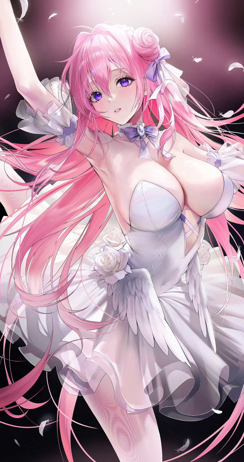 absurdres alternate_costume arabesque_(pose) arm_strap arm_up armpits ballerina ballet bare_shoulders braid breasts cleavage collarbone commentary covered_navel cowboy_shot detached_sleeves dorothy_(nikke) dress falling_feathers feathered_wings feathers female flower frilled_dress frills goddess_of_victory:_nikke hair_between_eyes hair_bun hair_intakes hair_ribbon highres large_breasts long_hair looking_at_viewer pantyhose parted_lips pink_hair purple_eyes purple_ribbon ribbon rose sidelocks solo standing standing_on_one_leg strapless strapless_dress tutu very_long_hair white_dress white_flower white_pantyhose white_rose wings yoya_yogurt