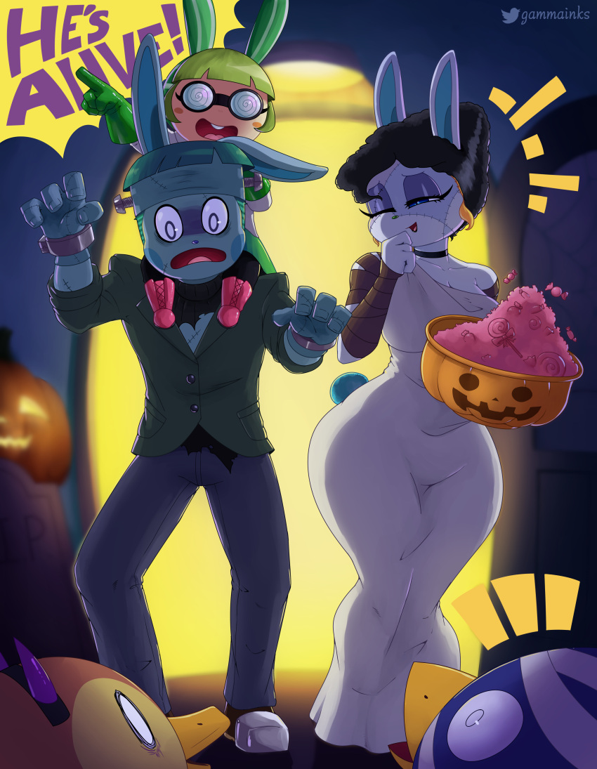 2022 absurd_res ambiguous_gender animal_crossing anthro candy clarissa clothed clothing dessert dialogue digital_media_(artwork) english_text fan_character female fingers food francine_(animal_crossing) front_view gammainks group halloween hi_res holidays lagomorph leporid mammal molly_(animal_crossing) nintendo open_mouth rabbit roald_(animal_crossing) sanrio text toby_(animal_crossing)