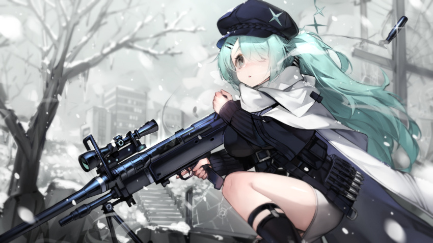 ammunition_belt anti-materiel_rifle aqua_hair bare_tree black_hat black_socks black_sweater blue_archive blurry blurry_background bolt_action breasts breath broken_window building bullet_hole cape casing_ejection cold female glint grey_eyes gun hair_ornament hair_over_one_eye hairclip hat hat_ornament highres hiyori_(blue_archive) holding holding_gun holding_weapon large_breasts legwear_garter long_hair long_sleeves ntw-20 on_one_knee outdoors ribiadan rifle scarf shell_casing skirt sniper_rifle snow socks solo star_(symbol) star_hat_ornament sweater tree triangle_mouth trigger_discipline weapon white_cape white_skirt