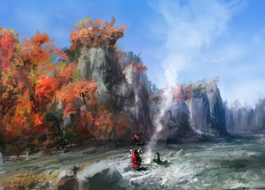 3girls absurdres arms_up autumn_leaves blue_hair brown_hair cloud from_behind from_side grass_root_youkai_network green_kimono highres imaizumi_kagerou japanese_clothes kimono long_hair mermaid monster_girl multiple_girls outdoors red_hair rock sekibanki short_hair skirt sky smoke touhou tree ushitsuchi wakasagihime water waving werewolf