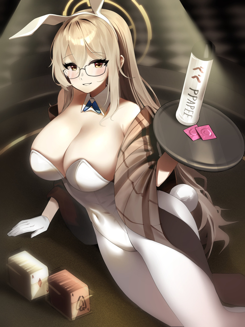 absurdres akane_(blue_archive) akane_(bunny)_(blue_archive) animal_ears arm_support bare_shoulders blonde_hair blue_archive breasts card cleavage condom condom_wrapper covered_navel detached_collar fake_animal_ears fake_tail female glasses gloves hairband halo highleg highleg_leotard highres holding holding_tray large_breasts leotard long_hair looking_at_viewer off_shoulder official_alternate_costume pantyhose parted_lips playboy_bunny playing_card rabbit_ears rabbit_tail sbgu smile solo strapless strapless_leotard tail tray very_long_hair white_gloves white_leotard white_pantyhose yellow_eyes