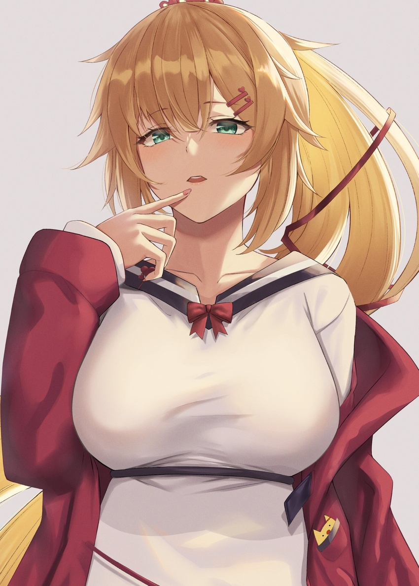 akai_haato akai_haato_(casual) blonde_hair bow bowtie breasts collarbone female finger_to_mouth green_eyes hair_between_eyes hair_ornament highres hololive jacket large_breasts long_hair looking_at_viewer nail_polish official_alternate_costume official_alternate_hairstyle open_clothes open_jacket parted_lips ponytail red_jacket sidelocks simple_background solo very_long_hair virtual_youtuber white_background yamikyon