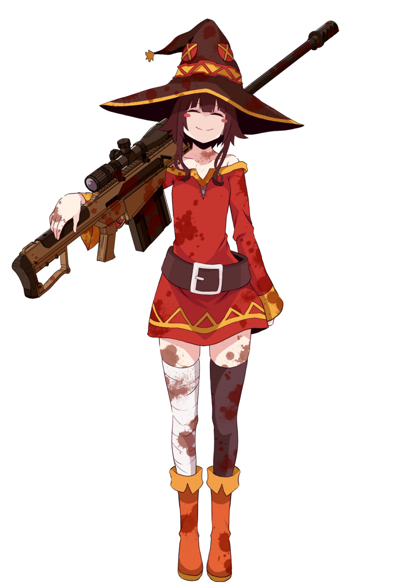 anti-materiel_rifle asymmetrical_legwear bandaged_leg bandages barrett_m82 belt belt_buckle black_thighhighs blood blood_on_clothes brown_hair brown_hat buckle dress female full_body gun hat highres holding holding_gun holding_weapon kono_subarashii_sekai_ni_shukufuku_wo! megumin off-shoulder_dress off_shoulder orange_footwear red_dress rifle short_dress short_hair_with_long_locks simple_background single_thighhigh sniper_rifle solo standing thighhighs weapon white_background witch_hat yasehattagi