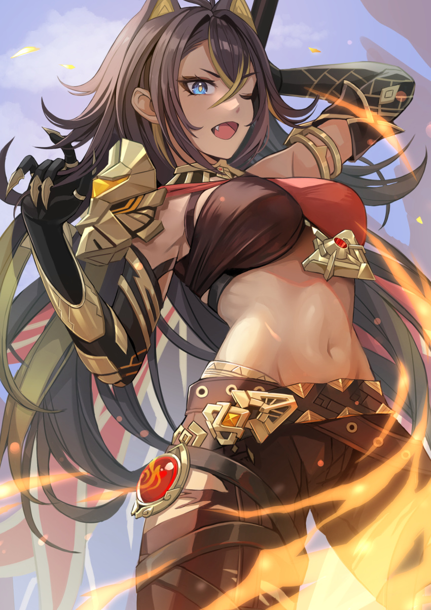 animal_ears arm_armor armor asymmetrical_clothes bare_shoulders beacon_of_the_reed_sea_(genshin_impact) black_hair black_pants blue_eyes breasts criss-cross_halter crossed_bangs crossed_belts dangle_earrings dark-skinned_female dark_skin dehya_(genshin_impact) earrings female fire gem genshin_impact gold_choker hair_between_eyes hair_ears halterneck highres jewelry long_hair medium_breasts moguta_(moguta9) multicolored_hair navel oerba_yun_fang open_mouth pants pointy_hair red_gemstone shoulder_armor single_pantsleg solo stomach streaked_hair torn_clothes torn_pants vision_(genshin_impact)