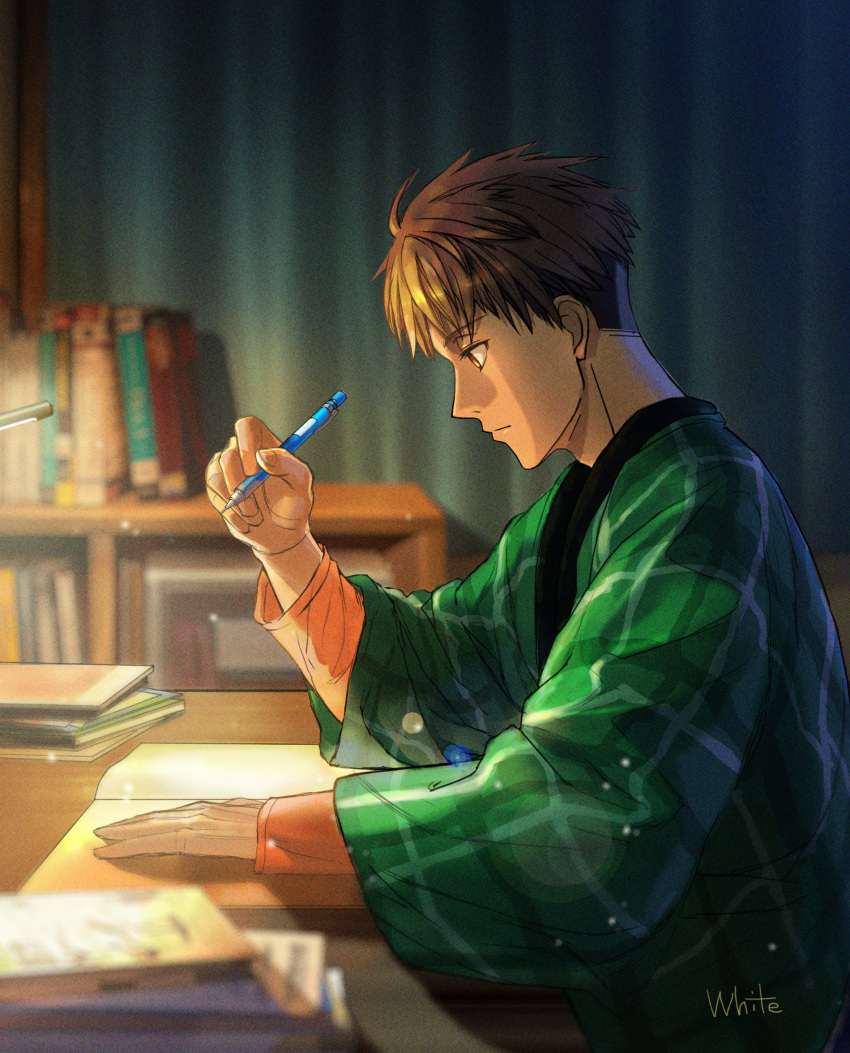 1boy artist_name blurry blurry_background book book_stack bookshelf brown_eyes brown_hair desk_lamp haiji_kiyose highres holding holding_pen indoors kaze_ga_tsuyoku_fuiteiru lamp long_sleeves male_focus mechanical_pencil pen pencil plaid solo studying table white50080909