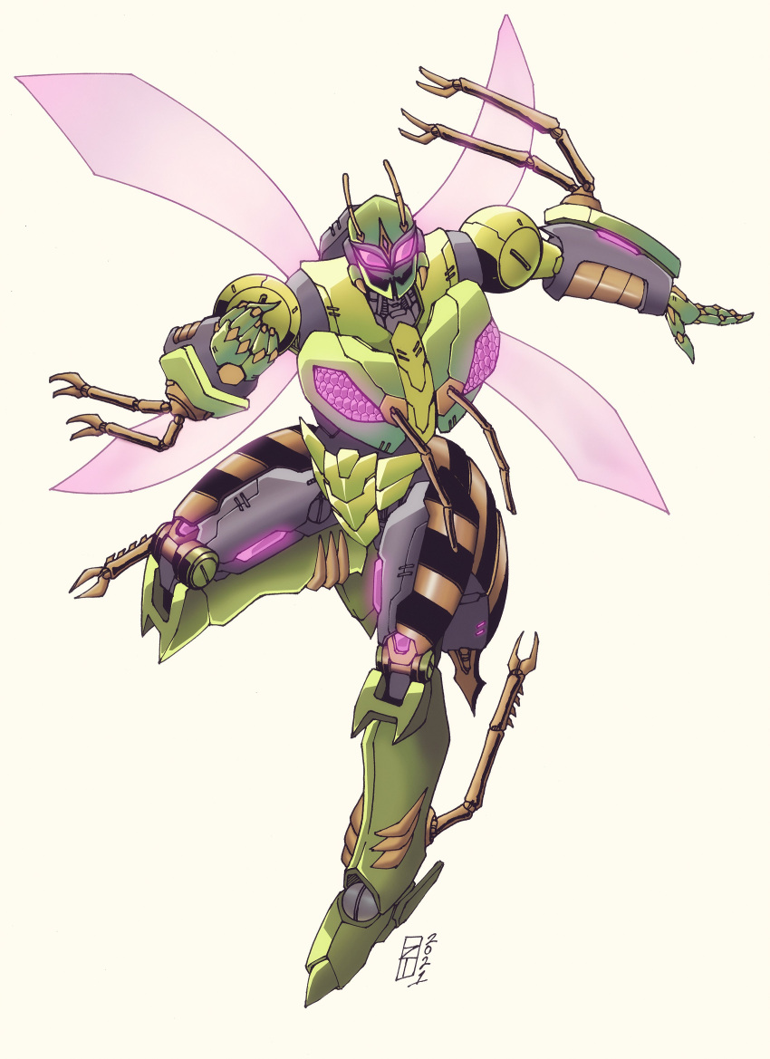 1boy 2021 absurdres antennae beast_wars beast_wars:_transformers beige_background clenched_hand commission english_commentary glowing glowing_eyes highres insect_wings lextodrawstuff looking_at_viewer mecha open_hand predacon purple_eyes robot solo transformers waspinator wings